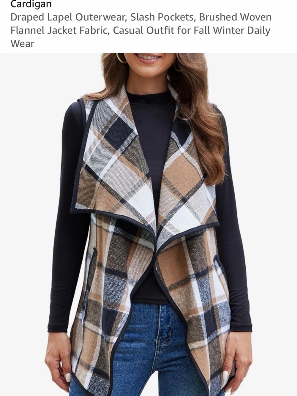 Plaid Draped Open-Front Cardigan Vest in Tan and Black